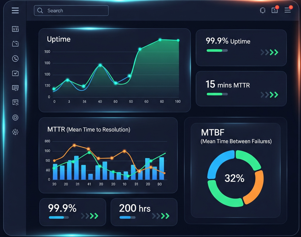 Graph showing core CMMS KPIs to monitor, including maintenance costs, equipment downtime, MTTR, MTBF, and work order completion rates.